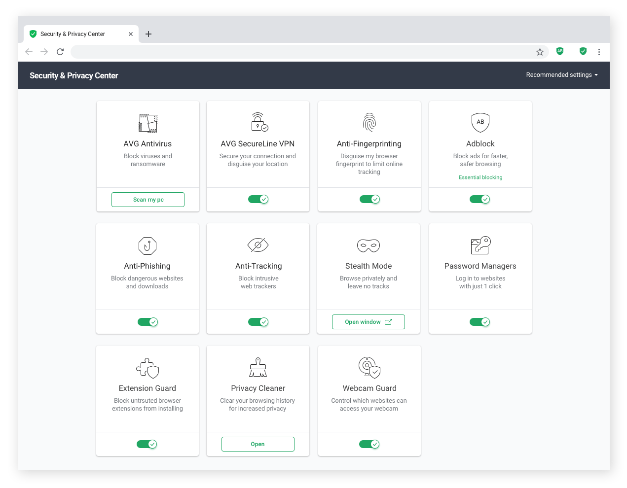 AVG Secure Browser’s Security and Privacy Center offers a suite of features to strengthen privacy protections online.