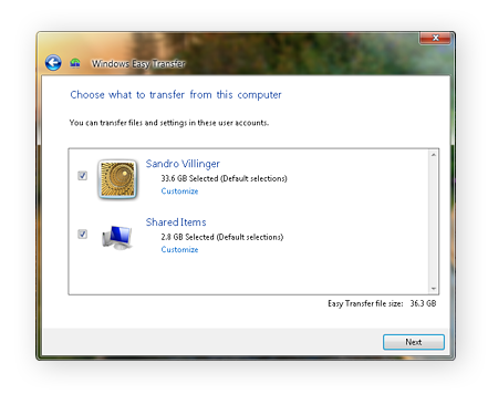 Using Easy Transfer in Windows Vista or Windows 7 to move user account files to a new PC.