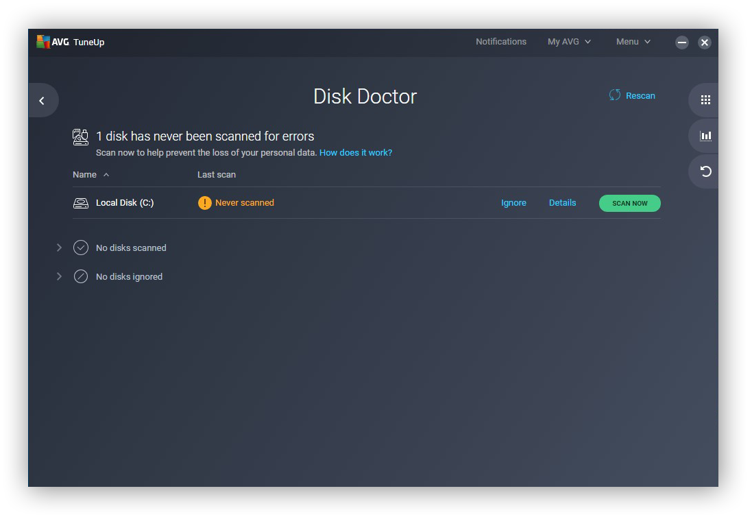 Outil Disk Doctor dans AVG TuneUp