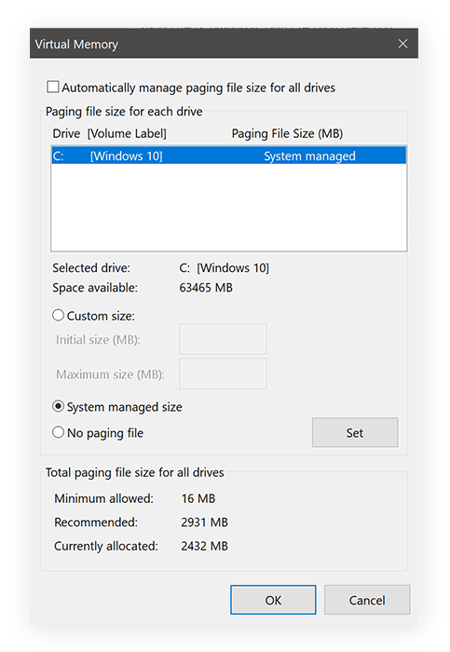 Changing virtual memory and page file in Windows 10.