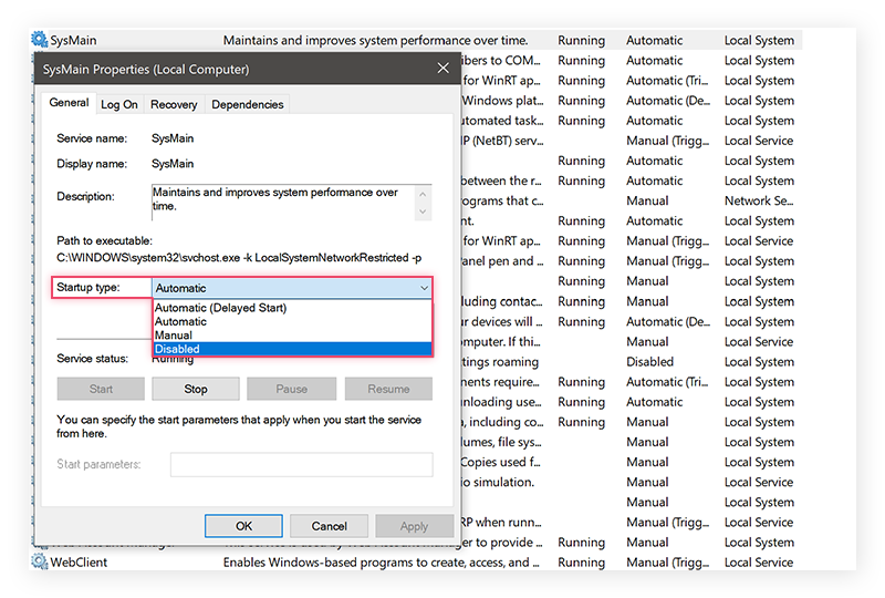 Viewing the Superfetch service in Windows 10.