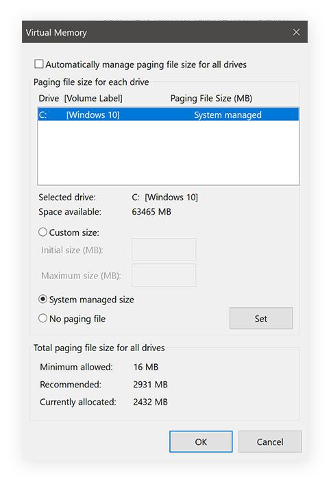 Changing virtual memory and page file in Windows 10.