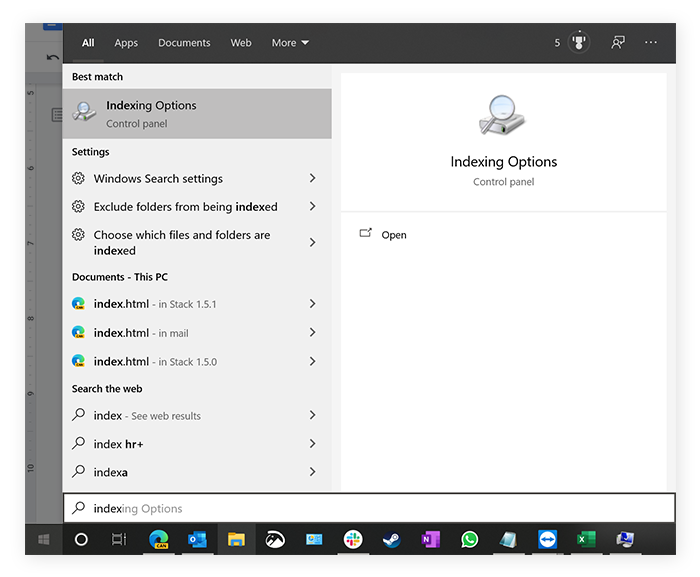 Launching indexing options to rebuild the Search Index in Windows 10.