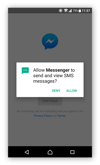 Uma solicitação de permissões de aplicativos do Android do Facebook Messenger.