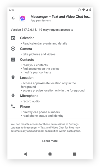 Assessing an app's permissions list in Google Play.