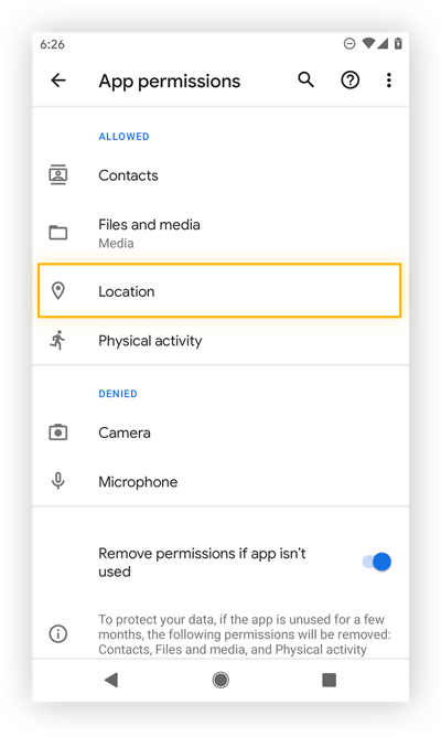 Visualización de los permisos de una aplicación específica en Android 11.