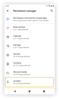 Viewing the Android permission manager.