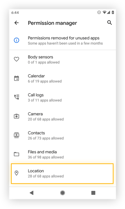 Viewing the Android permission manager.