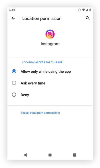 Gestione delle autorizzazioni delle app per Instagram in Android 11.