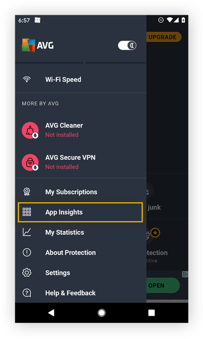 Opening Settings in AVG AntiVirus FREE for Android.