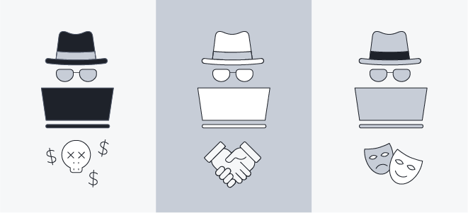 An illustration showing the three types of hackers: black hat, white hat, and grey hat