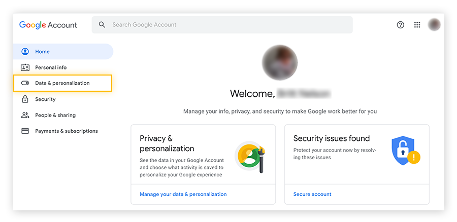 home page of google account after log in with menu options on the left hand side