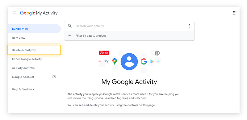 choosing Delete Activity By to choose a time range to delete data on your google account page