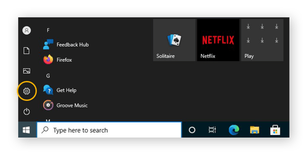 Ouverture des paramètres dans le menu Démarrer de Windows 10