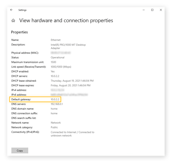 Ver las propiedades de hardware y de conexión en Windows 10