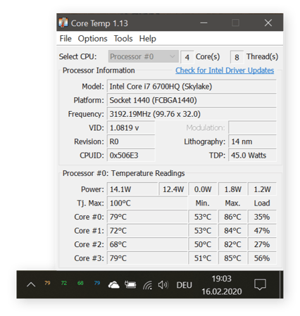 Displaying Core Temp CPU temperature readings in the taskbar for Windows 10