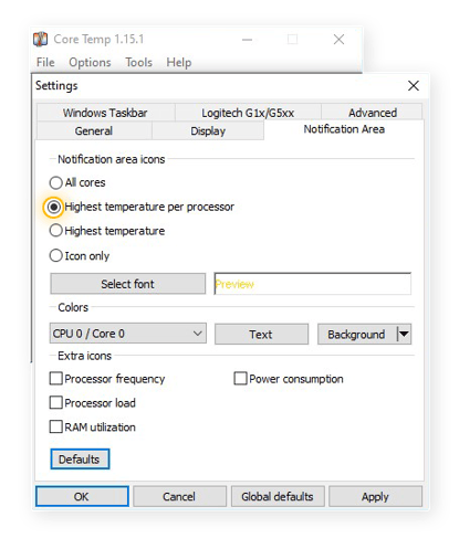 Changing the Notification Area display settings in Core Temp for Windows 10