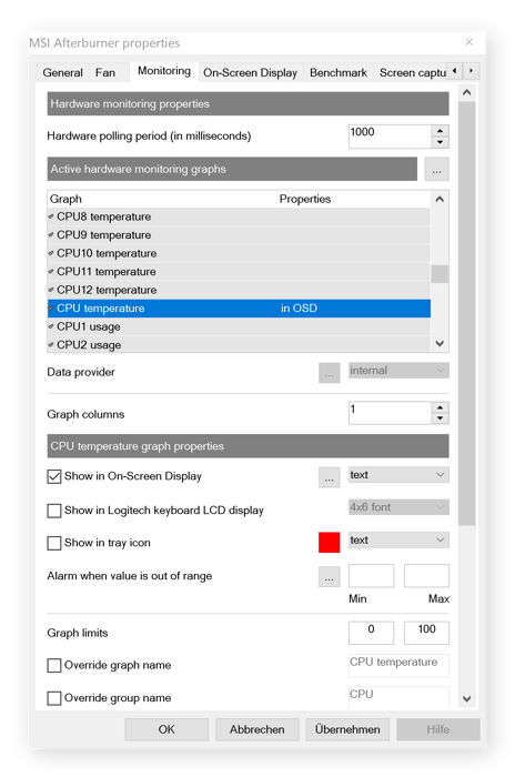 Configuring the Monitoring settings within MSI Afterburner for Windows 10