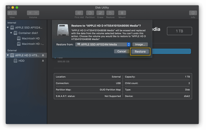 Selezione di un'unità di origine da cui eseguire il ripristino nell'utilità disco per macOS