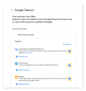 Choosing which content in your Google Account to download with Google Takeout