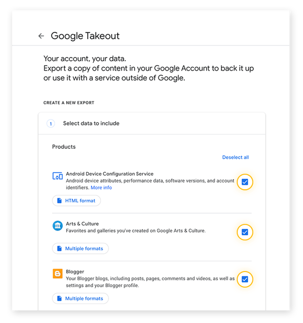 Choosing which content in your Google Account to download with Google Takeout