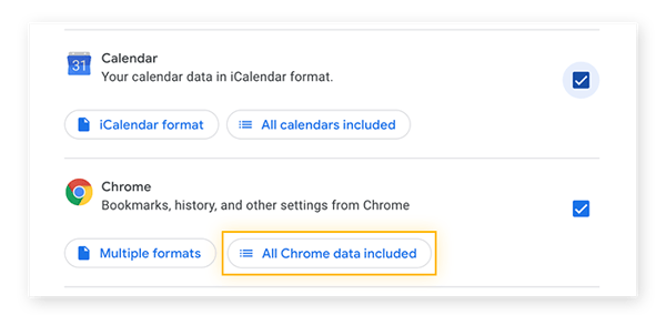 Scelta dei dati di Calendar e Chrome da scaricare con Google Takeout