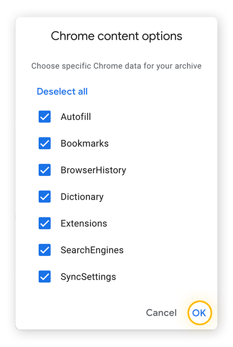 I vari tipi di dati di Chrome disponibili per il download con Google Takeout