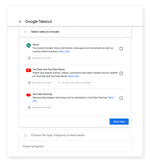 Advancing from Step 1 to Step 2 in Google Takeout by clicking the 