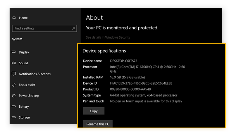 Viewing PC specs in Windows 10