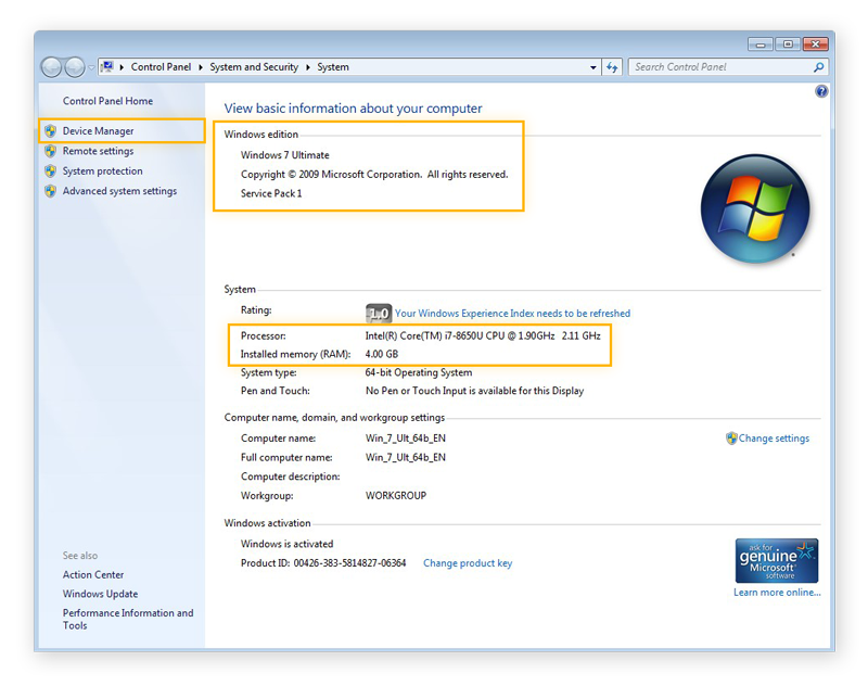 Informazioni di sistema in Windows 7, con le specifiche del computer di base