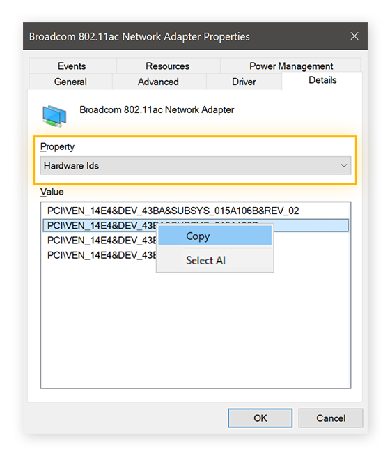 Viewing hardware information in the Details tab for a Broadcom Network Adapter in Windows 10