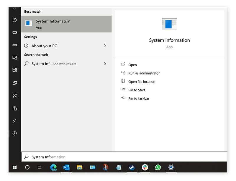 Apertura dello strumento System Information dal menu Windows in Windows 10