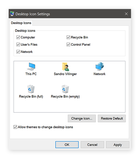Finestra Impostazioni icone del desktop in Windows 10.