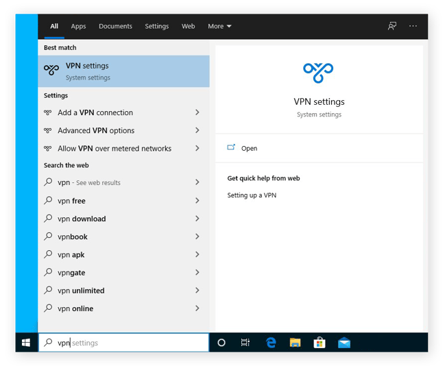 Searching for VPN in the Cortana search bar for Windows 10 in order to find the VPN Settings