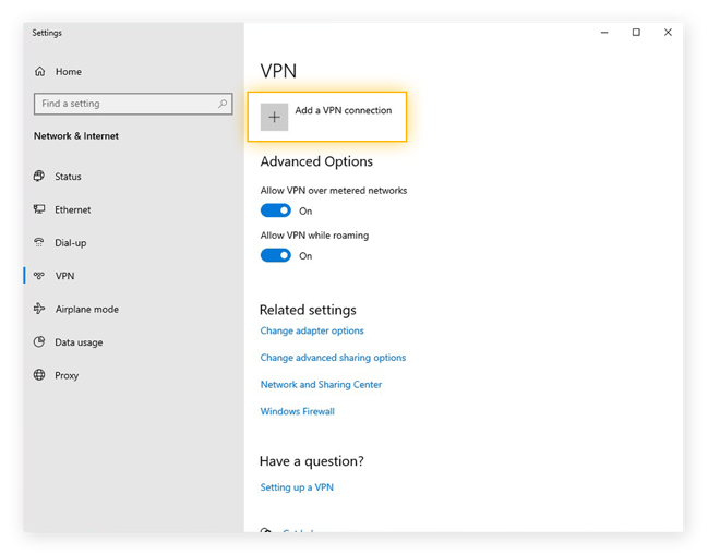 The VPN menu in Windows 10, showing how to add a new VPN connection.