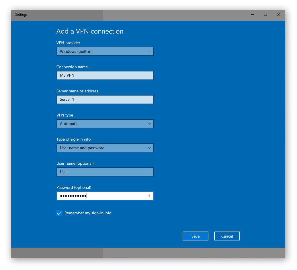 Adding and configuring a new VPN connection in Windows 10