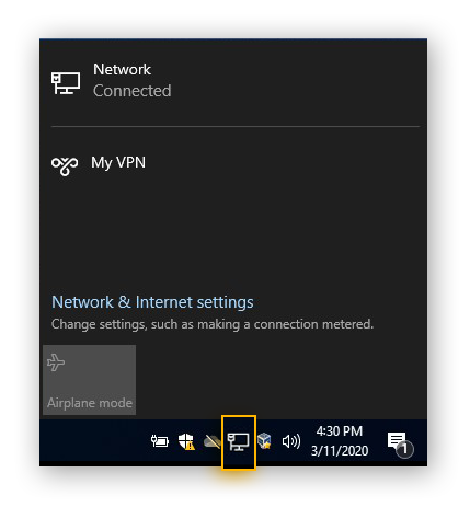 Connecting to a VPN in Windows 10 from the Network icon in the taskbar