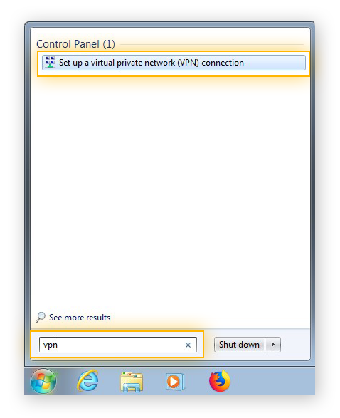 Searching for VPN in the Windows menu for Windows 7