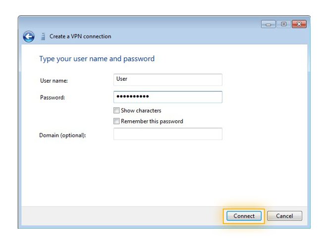 Entering the username and password for a VPN in Windows 7