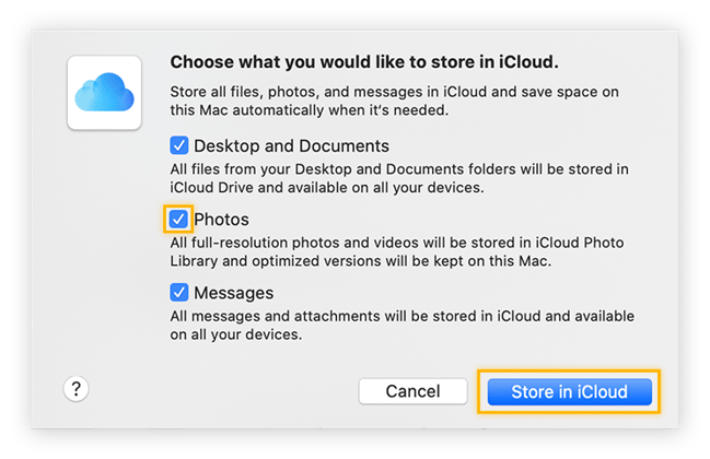 Choosing photos and files to store in iCloud.