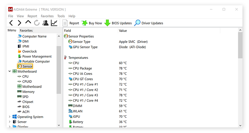 Checking temperatures with AIDA64