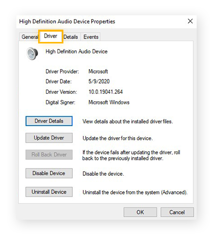 Information de pilote audio sur Windows 10