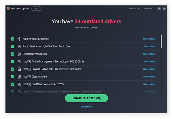 The results of an AVG Driver Updater scan, showing 34 outdated drivers in Windows 10