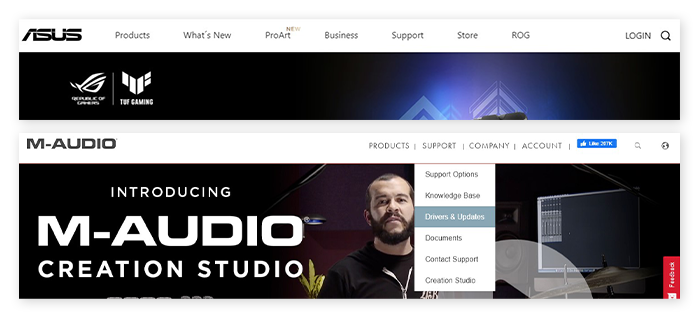 The home page menus of popular sound card manufacturers Asus and M-Audio