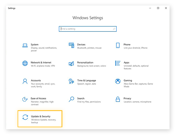 Selezione della categoria Aggiornamento e sicurezza nel menu Impostazioni di Windows 10