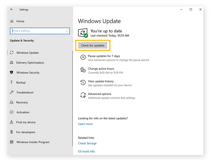 Checking for software updates using Windows Update in Windows 10