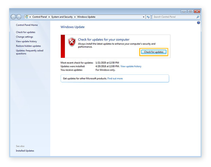 Verifica della disponibilità di aggiornamenti software con Windows Update in Windows 7