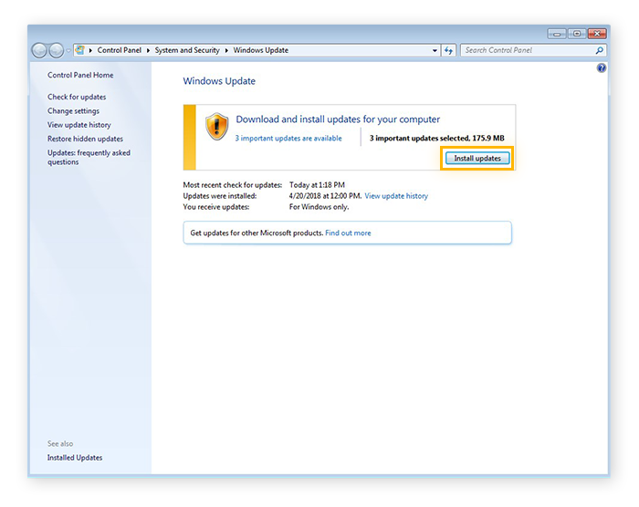 Installing updates with Windows Update for Windows 7
