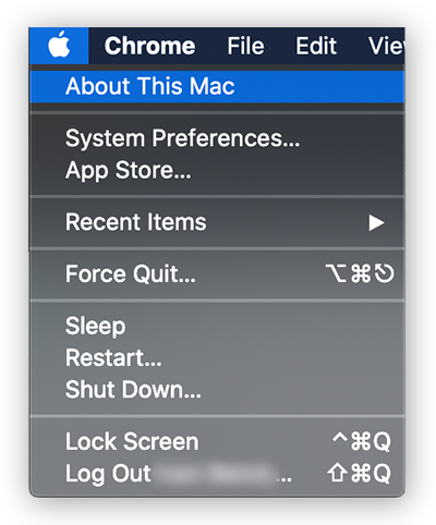 Viewing device information in macOS Catalina by clicking the Apple menu and selecting "About This Mac"