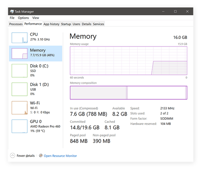Checking the RAM on a PC with Windows 10